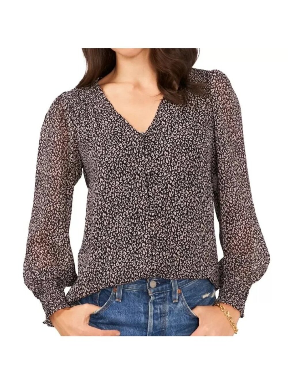Sam & Jess Women’s Chiffon Animal Print Smocked‑Shoulder Blouse Top Size S NWT
